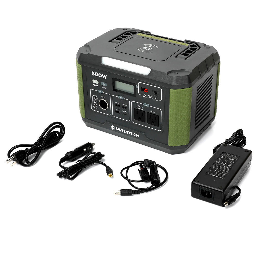 Swiss Tech 500W portable power station 519Wh solar compatible battery for outdoor & emergency use