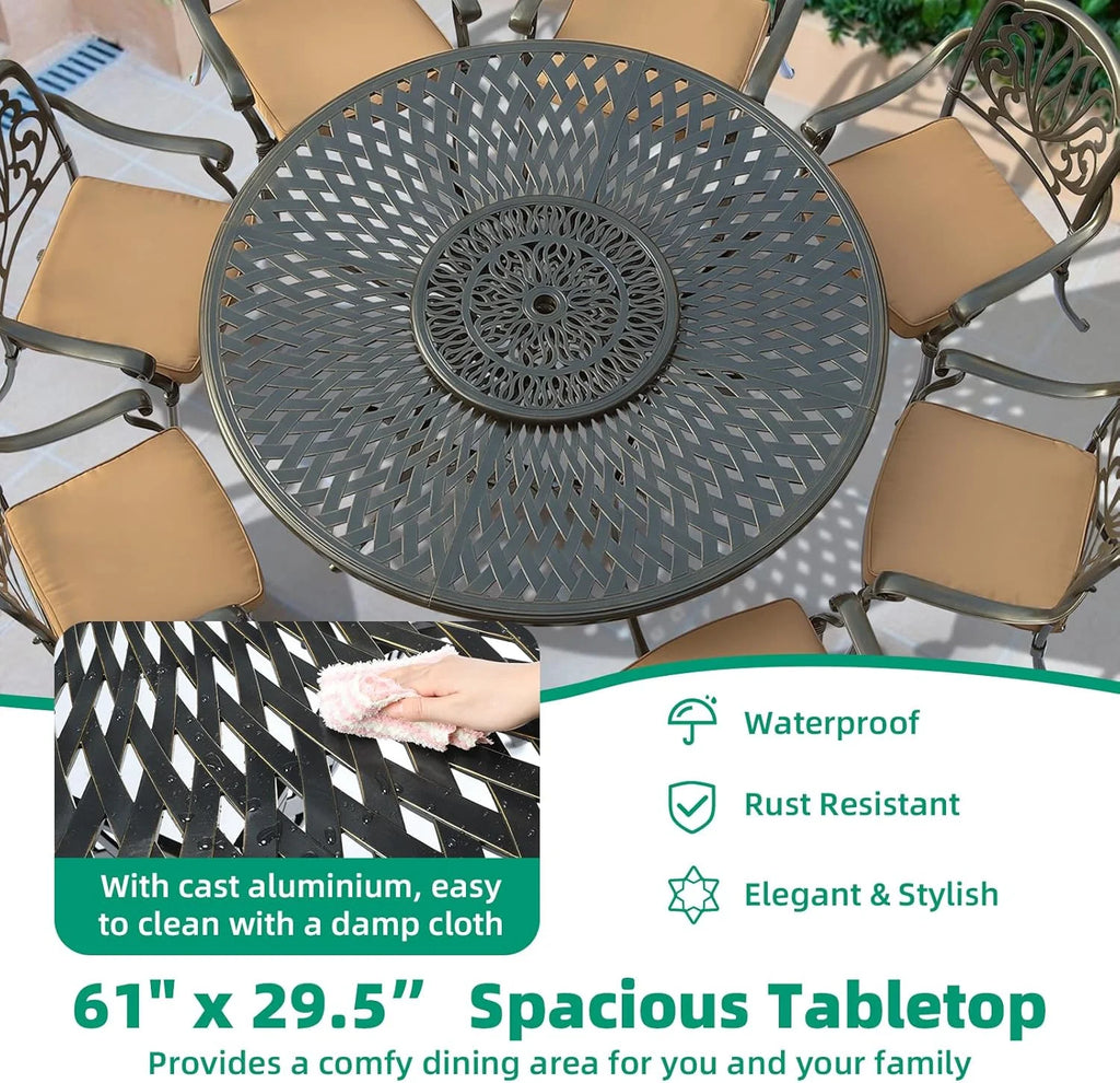 VIVIJASON Outdoor 61" Patio Dining Table for 6-8 Person, Large Patio Round Dining Table with 24" Lazy Susan, Dark Bronze Cast Aluminum Rustic Patio Table W/Umbrella Hole for Balcony, Porch and Deck