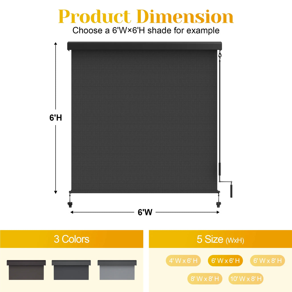 Superjoe Outdoor Roller Shade for Patio, Cordless Blackout Waterproof Blind, UV Block, 4'L x 6'W