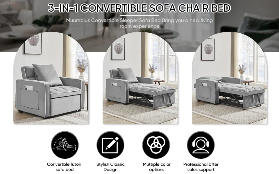 Muumblus Sleeper Sofa Chair Bed, 3-in-1 Convertible Sofa Chair with Pull Out Bed, Modern Adult Velvet Pull Out Sofa Bed for Living Room Apartment Small, Gray