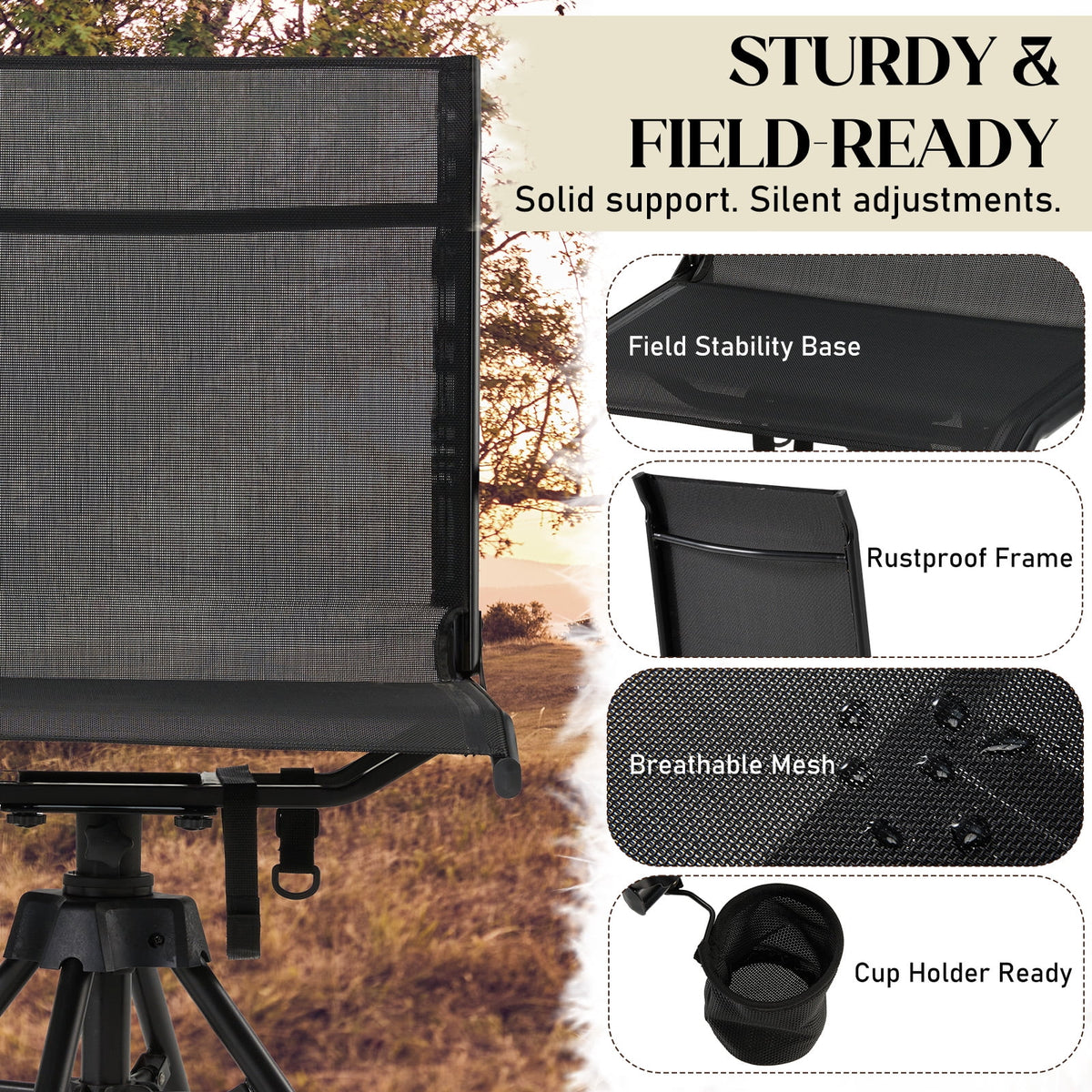Danrelax 360�� Silent Camo Hunting Blind Chair, Armrests, Side Pouch, Telescopic Legs