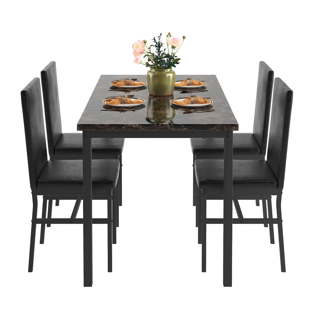 5 Piece Dining Set, Modern Dining Table and Chairs Set for 4, Counter Height Bar Table Set, Modern Pub Table with 4 Velvet Fabric Cushioned Stools, Faux Marble Dining Table & Stools Set, D9297