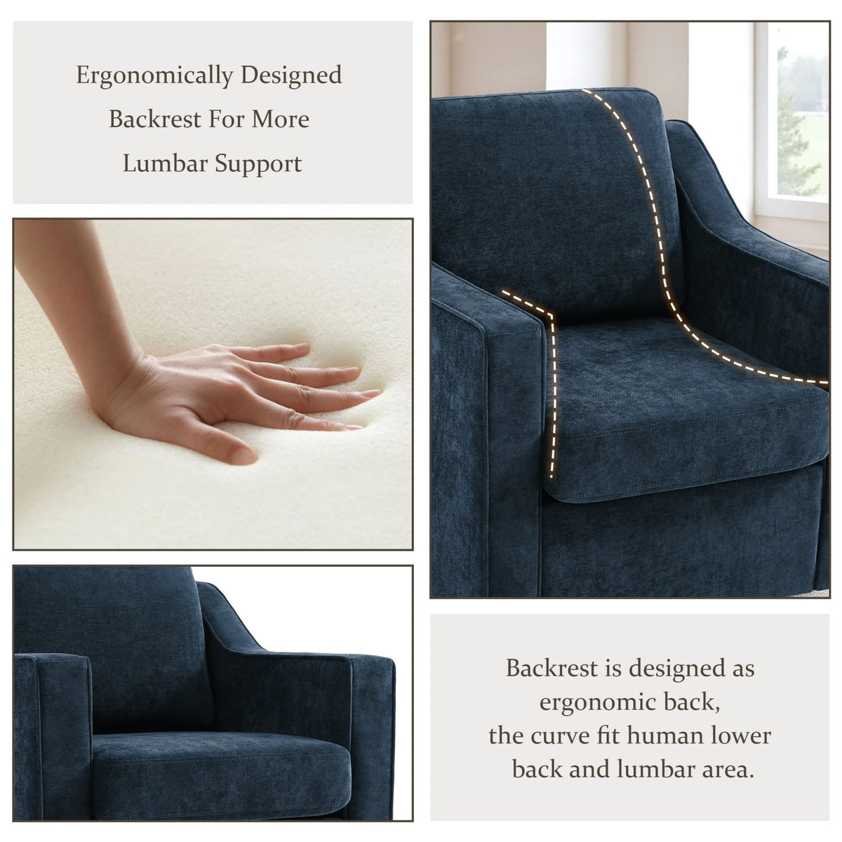 Swivel Accent Chair for Living Room, Modern Upholstered Barrel Arm Chair with Plump Back Pillow, Comfy Club Sofa Reading Chair for Adults (Chenille Navy, Set of 1)