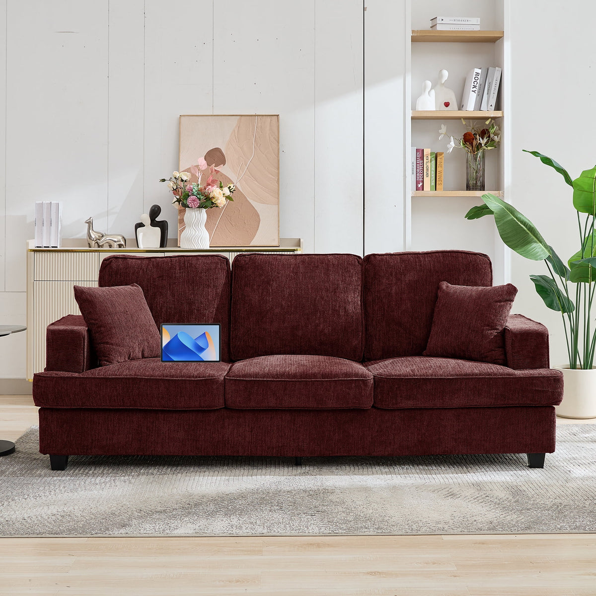 Korser 89" Chenille Sofa 3 Seater Couch with Extra Upholstered Deep Seats for Living Room,Removable Cover,Beige