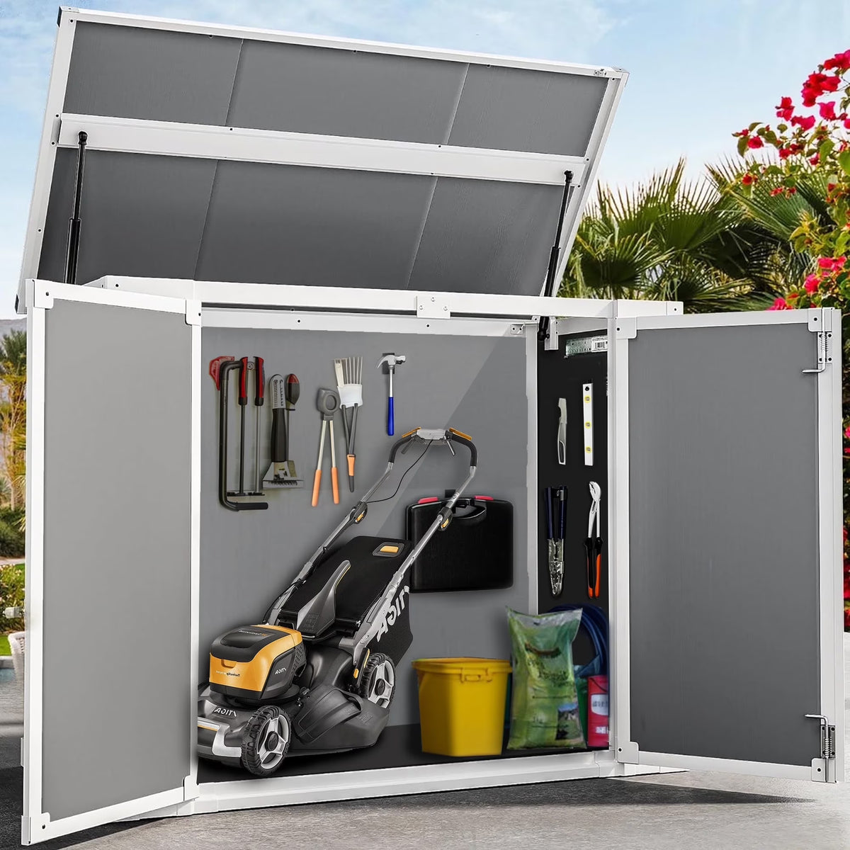 5'��3' Outdoor Storage Shed, Resin Storage Cabinet, Garden Tool Shed with Double Lockable Doors, Organizer Cabinet for Patio Yard, Gray