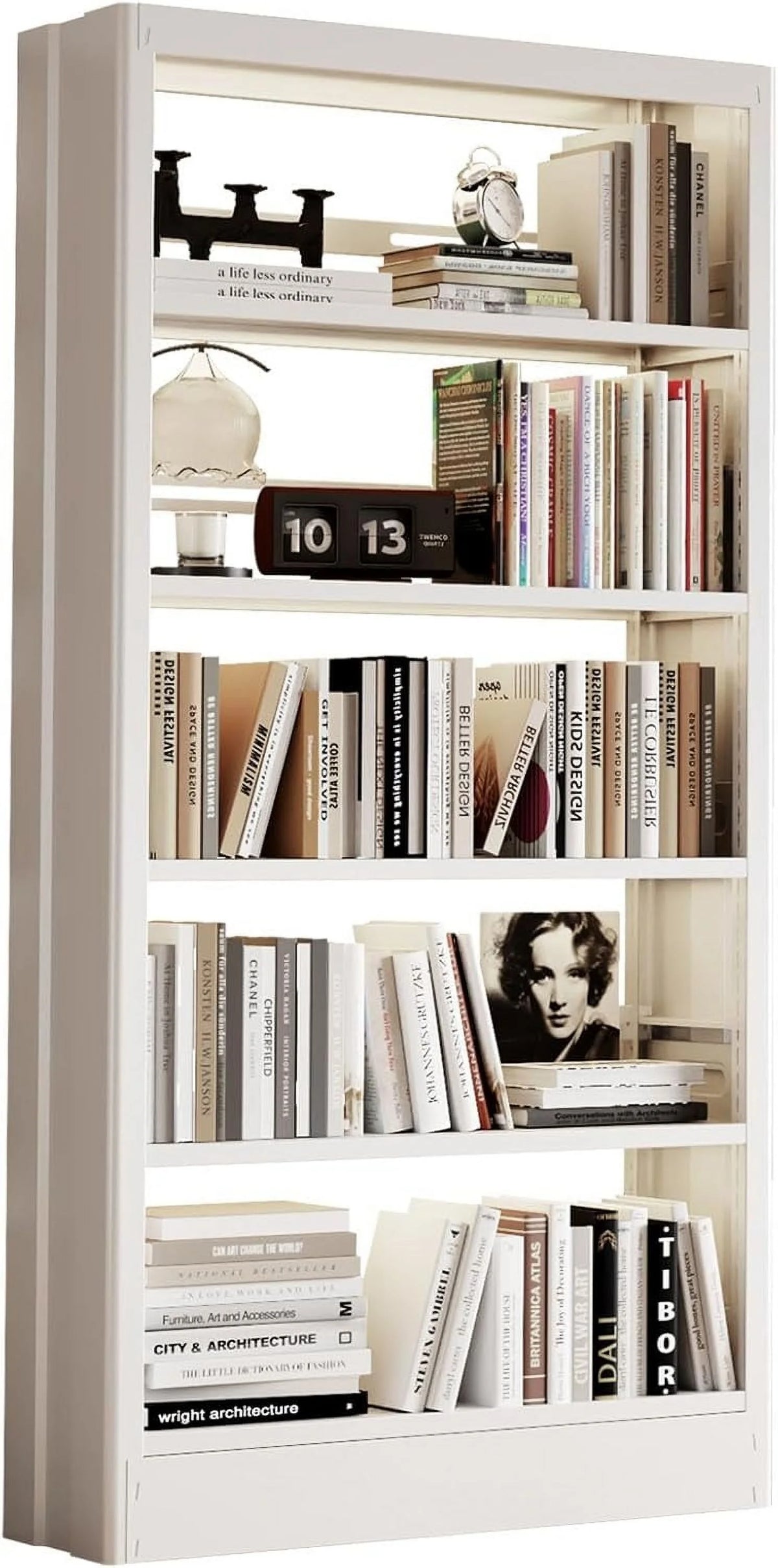 5 Tier White Metal Bookshelf, 71" H Bookcase with Adjustable Shelves,Heavy Duty Storage Bookshelves Tall Bookcase for Library,Office,Bedroom,Living Room,Classroom,Including Book Stopper(White)