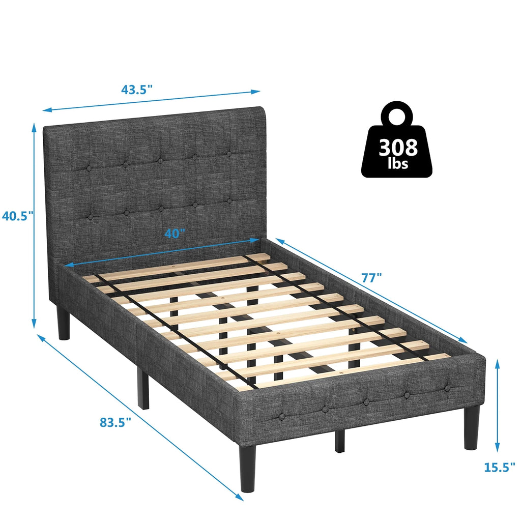 Costway Twin Upholstered Bed Frame Button Tufted Headboard Mattress Foundation Grey