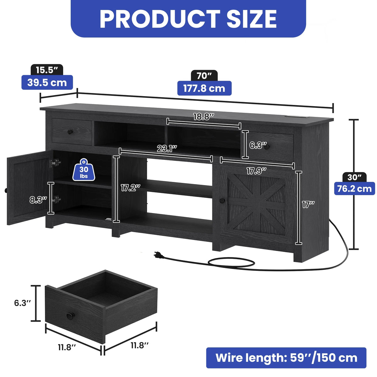 Dextrus Country-style Media Console, TV Cabinet with Built-in Power Socket for Screens up to 80'', Television Stand with Adjustable Divider & Drawer Storage, Vintage TV Unit for Lounge, White
