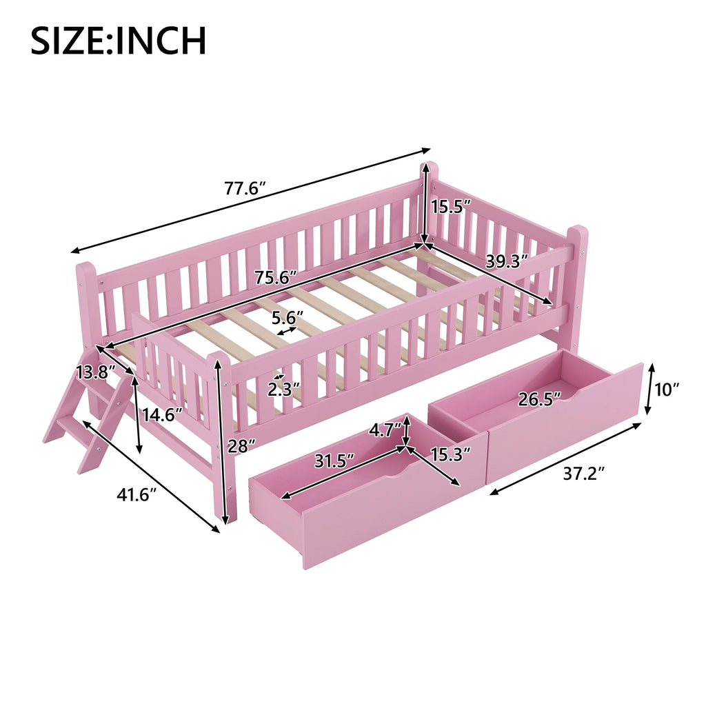 Euroco Wood Twin Size Platform Bed with 2 Drawers and Ladder for Kids and Toddlers, White