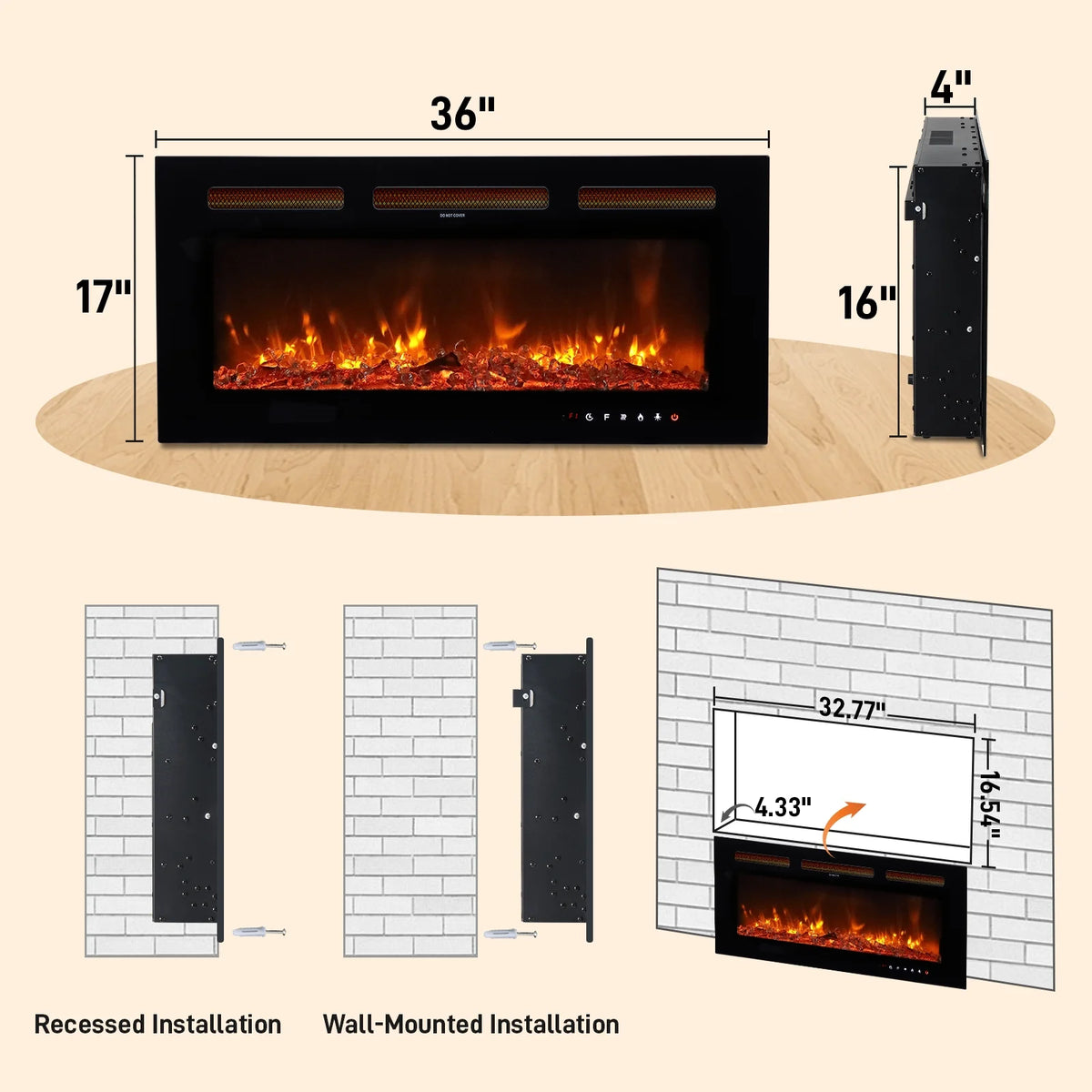 Ktaxon 30" Electric Fireplace, Freestanding/Inserts/Wall Mounted Fireplace Heater with Remote Control, 12 Adjustable Flame Colors, Log & Crystal, 8H Timer for Living Room, Bedroom