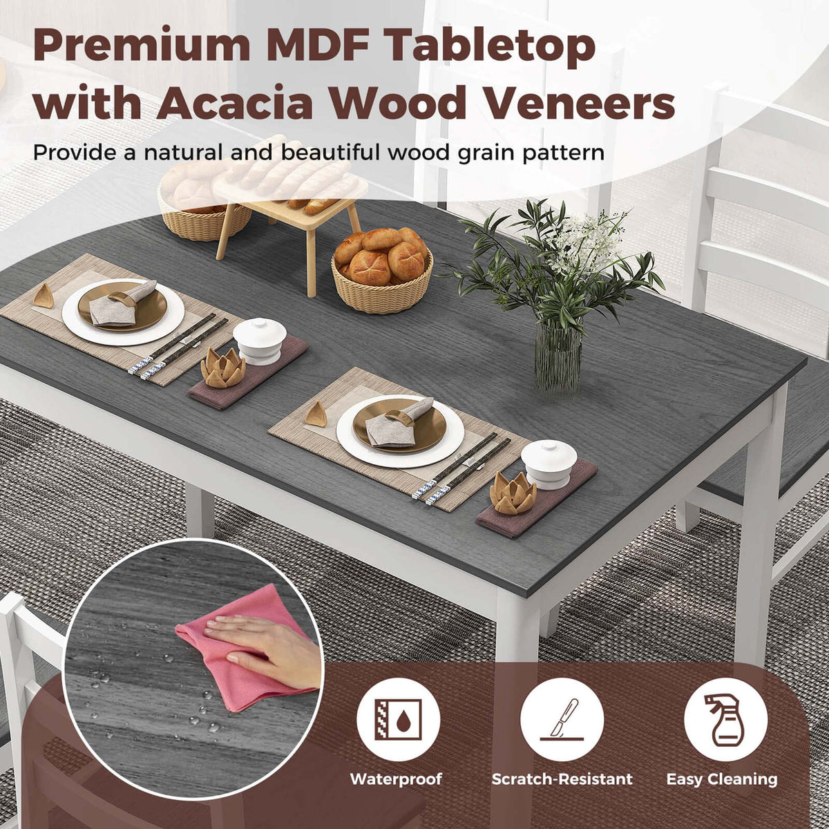 Costway 5-Piece Dining Set Solid Wood Kitchen Furniture with Rectangular Table & 4 Chairs