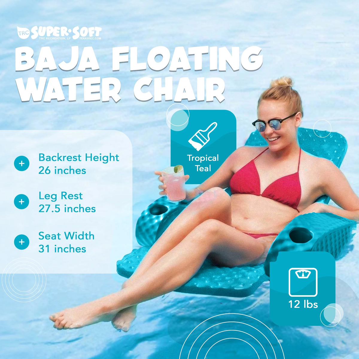 TRC Recreation Baja Folding Armchair Swimming Pool Float, Tropical Teal