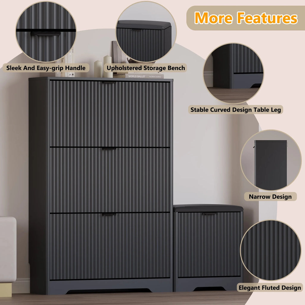 FANRAL Shoe Cabinet with 2 Flip Drawers & Open Storage,Fluted Shoe Storage Cabinet Rack Organizer with Adjustable Shelves for Entryway,Closet,Hallway,White