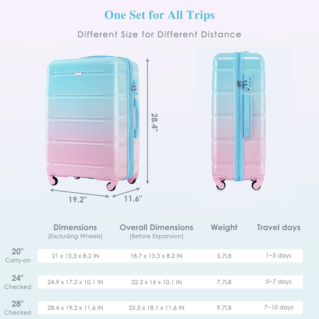 PAPROOS 3-Piece Luggage Set (20''/24''/28''), Hardshell Lightweight Suitcase with USB Port and Side Hooks, Travel Luggage with TSA-Lock, Hardside Rolling Luggage for School, Travel, Pink