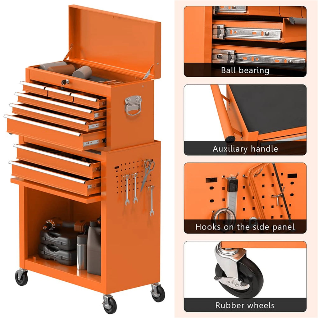 Aukfa Tool Chest, 2 in 1 Steel Rolling Tool Box & Cabinet On Wheels for Garage, 8-Drawer, Orange