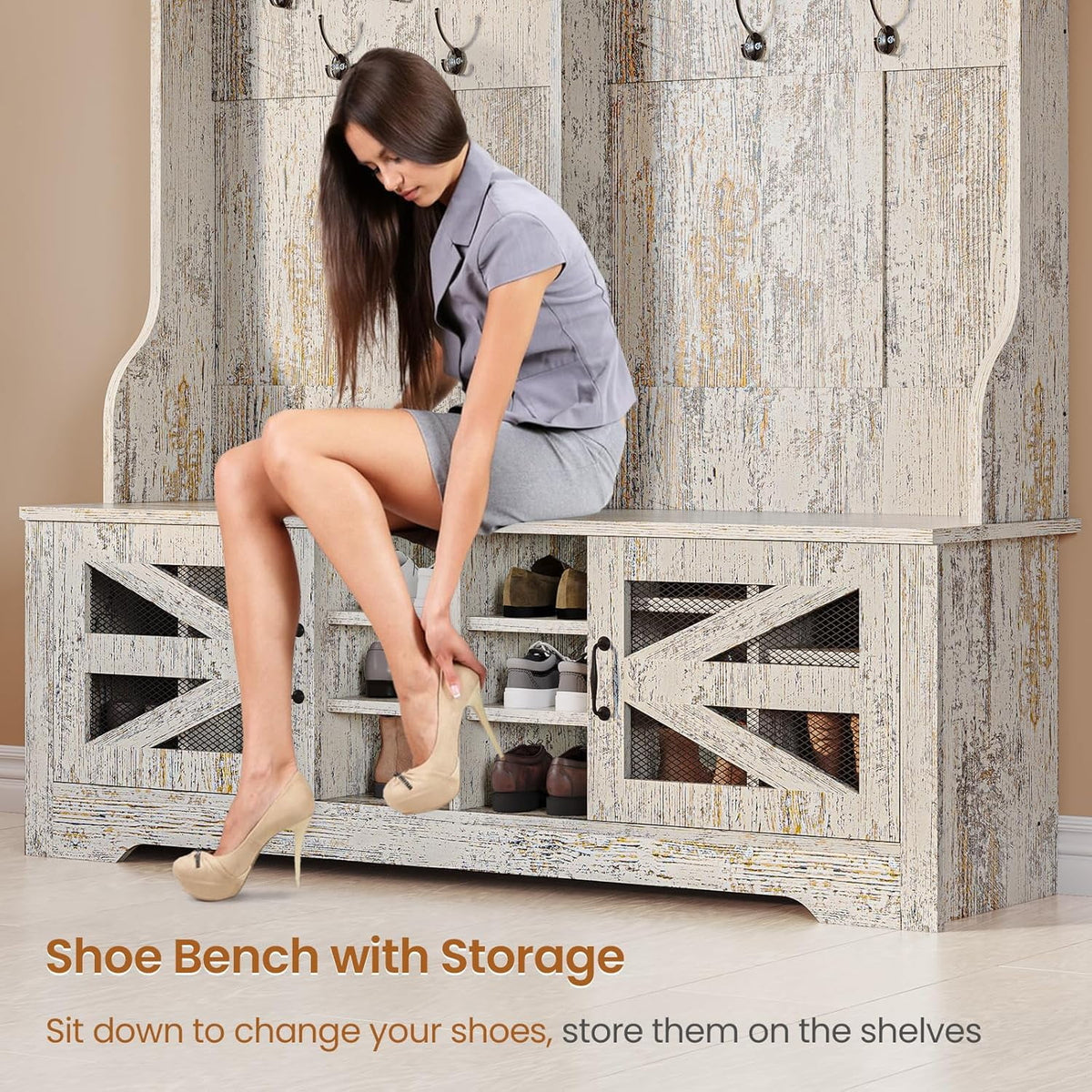 Hall Tree with Coat Rack and 16 Shoe Cubbies, 5-in-1 Entryway Bench with Bench and Shoe Storage, Barn Door & Adjustable Shelf, Embossed White