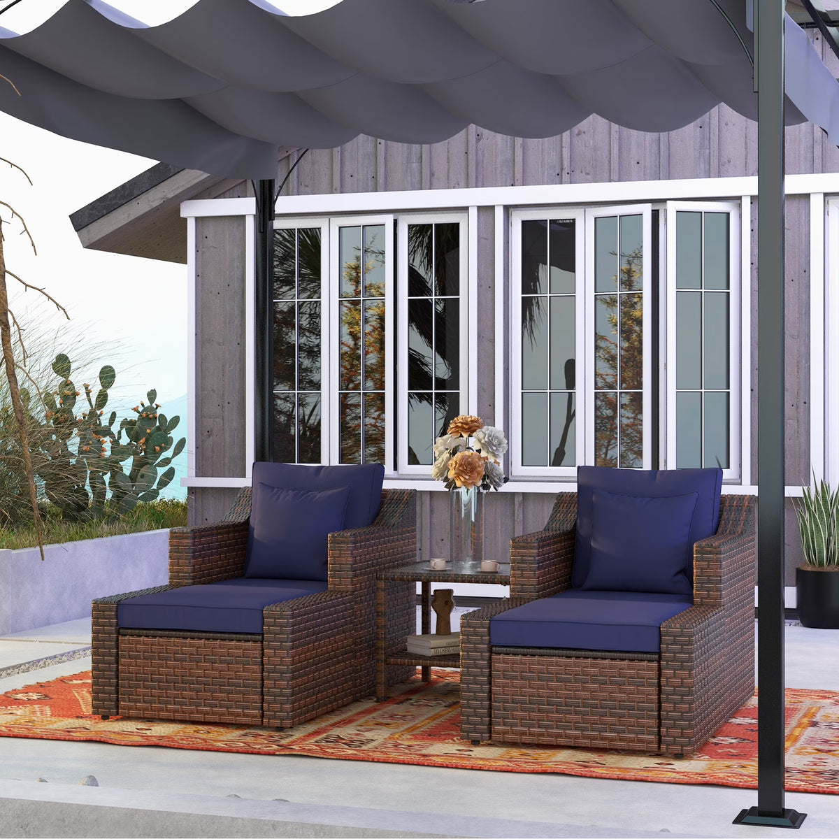 Outsunny 5 Piece Patio Furniture Set, All Weather PE Rattan Conversation Chair & Ottoman Set w/ Table, Cushions & Pillows Included, Beige