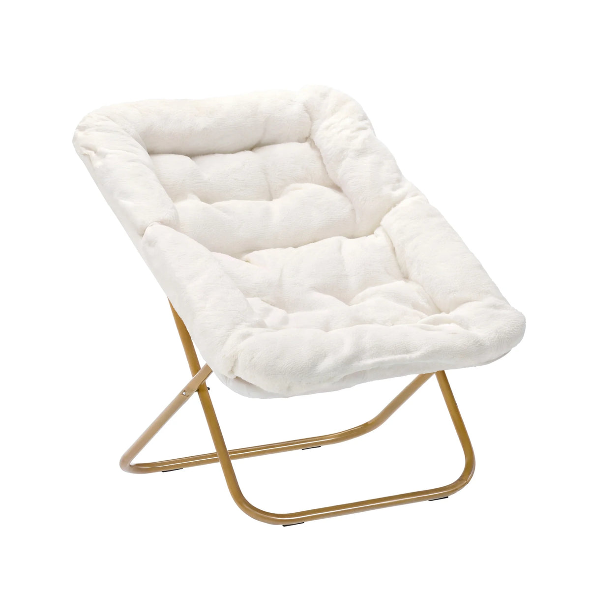 Emma + Oliver Oversized Faux Fur Folding Saucer Chair for Dorm, Bedroom, Black Faux Fur/Black Frame