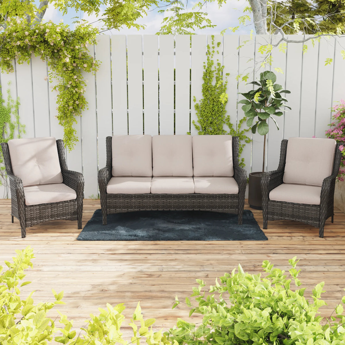 MeetLeisure 3 Pieces Outdoor Furniture Patio Furniture Set with One 3-Seat Sofa, Two ArmChairs, Navy