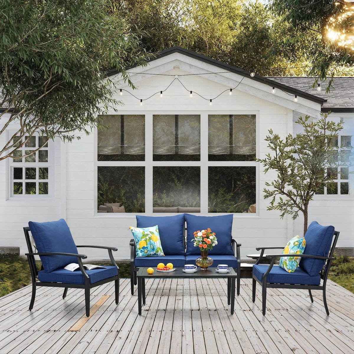 JOYURE 4 pieces Patio Furniture Set w/loveseat,Coffe Table,Outdoor Conversation Metal Sofa with High Back and Thick Cushion,for Backyard,Garden,Beige