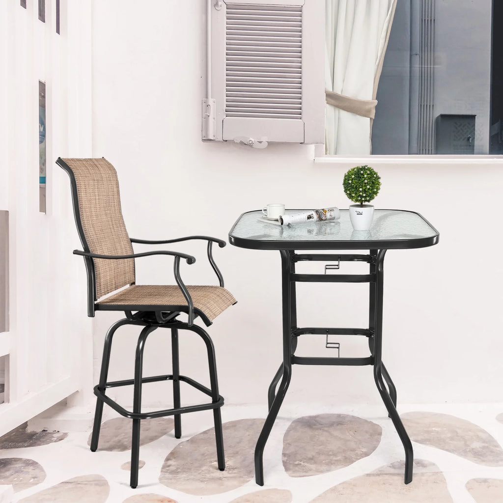 IVV Outdoor Patio Bar Height Bistro Table w/ Tempered Glass Top & 1.8" Umbrella Hole & Metal Frame, 31.5"L x 31.5"W x 39.8"H, Black & Clear