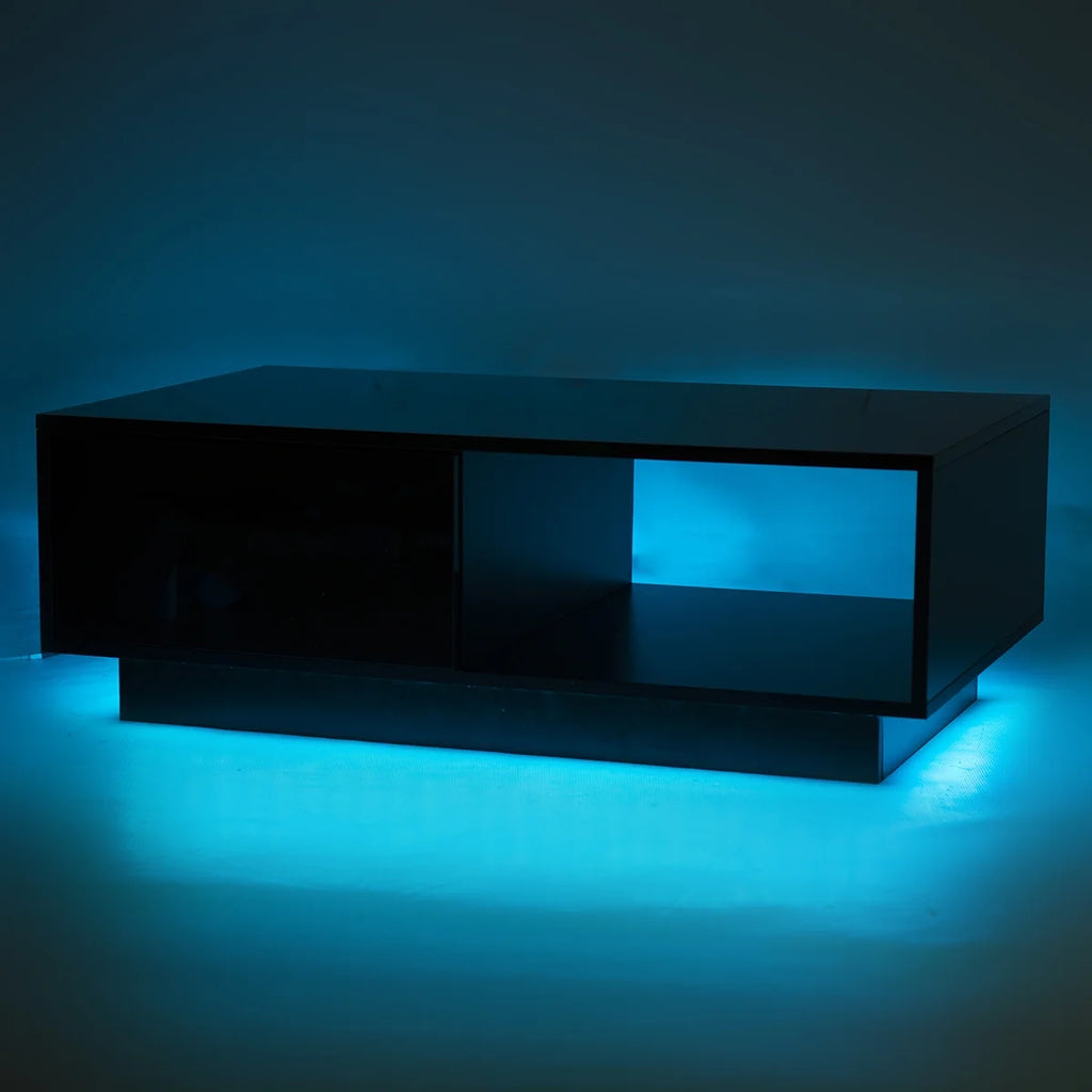 Hommpa LED Coffee Table Modern Side Tables High Gloss Black Cocktail Table with 2 Drawers Open Shelf for Living Room