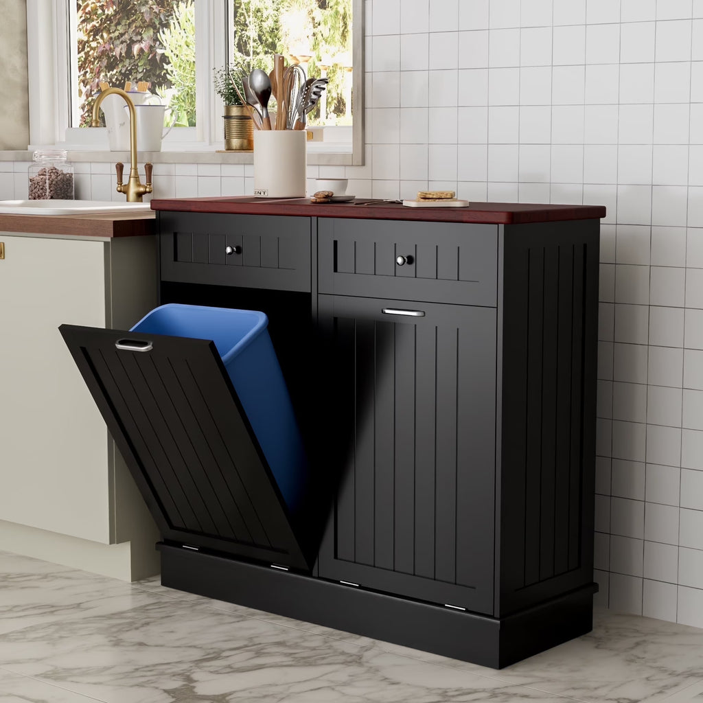 GETYES Double Tilt Out Trash Cabinet, Wooden Recycling Cabinet, 35.83 x 12.99 x 39.37 inches, White
