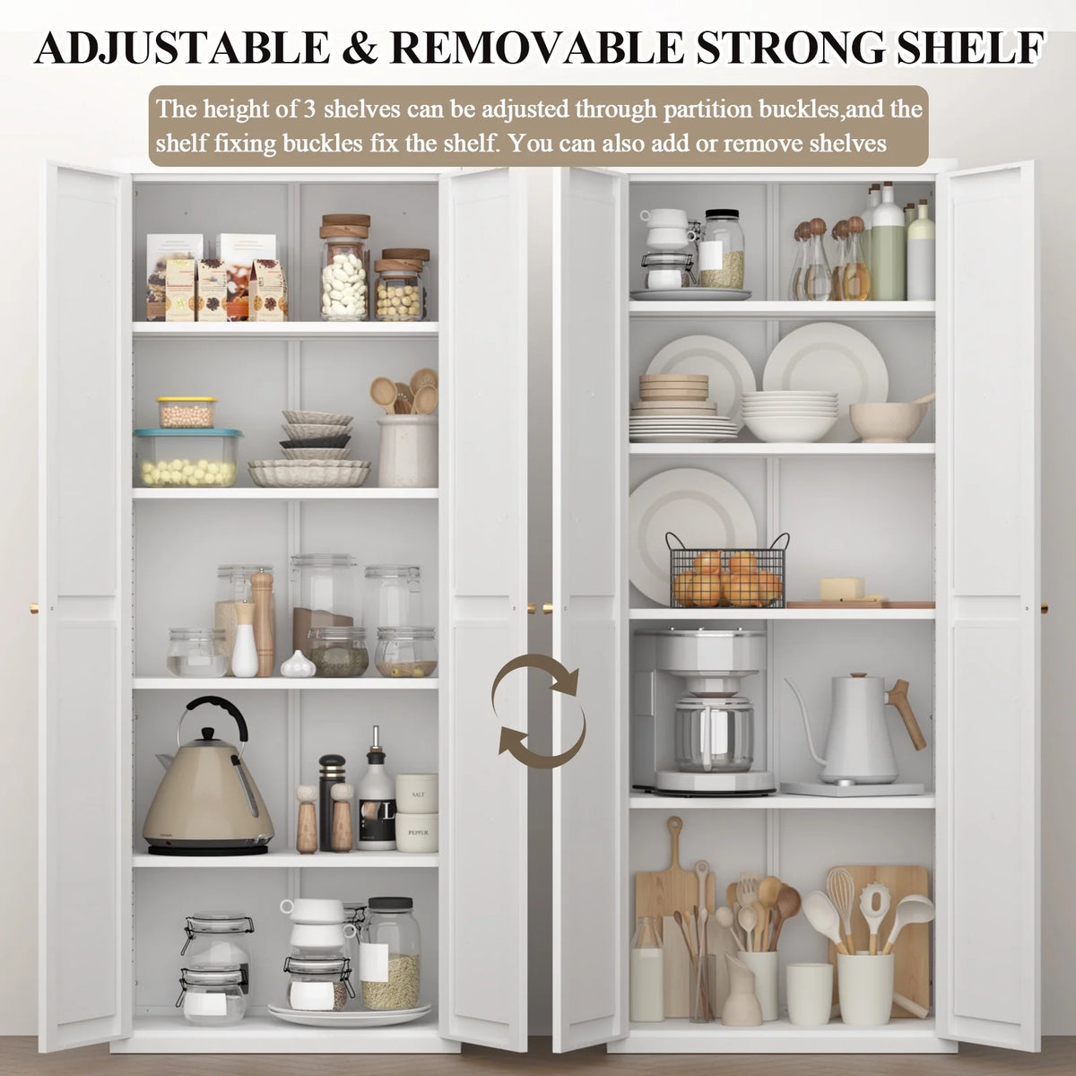 Aukfa 71" Freestanding Kitchen Pantry Storage Cabinet with 4 Adjustable Shelves, Metal Food Pantry Cupboard for Kitchen/Garage/Office, White