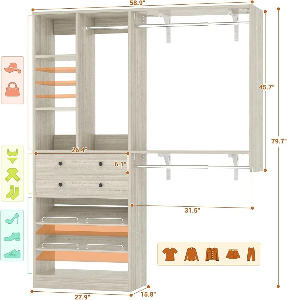 iSunirm 5FT Closet System with Drawers,5FT Closet System with Drawers, 60" Closet Organizer System with 2 Hanging Shelving Perfect Storage Solution for Organizing Your Closet