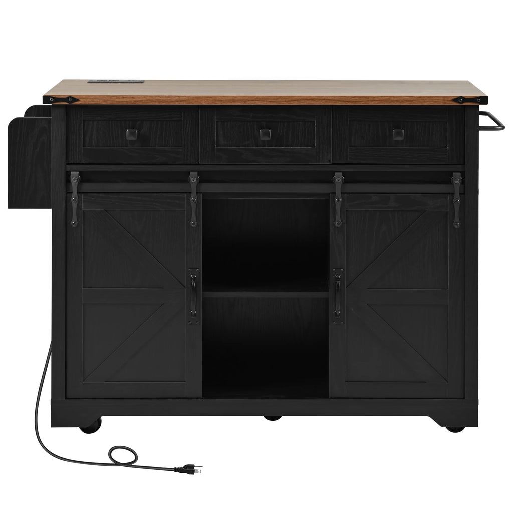 Homy Casa Farmhouse 53.7" Kitchen Island with Storage Cabinet, Sliding Barn Doors, and Wheels, White Oak