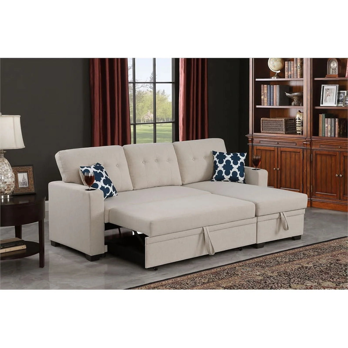 Reversible Fabric Sleeper Sofa Bed & Chaise with Cup Holder-Beige