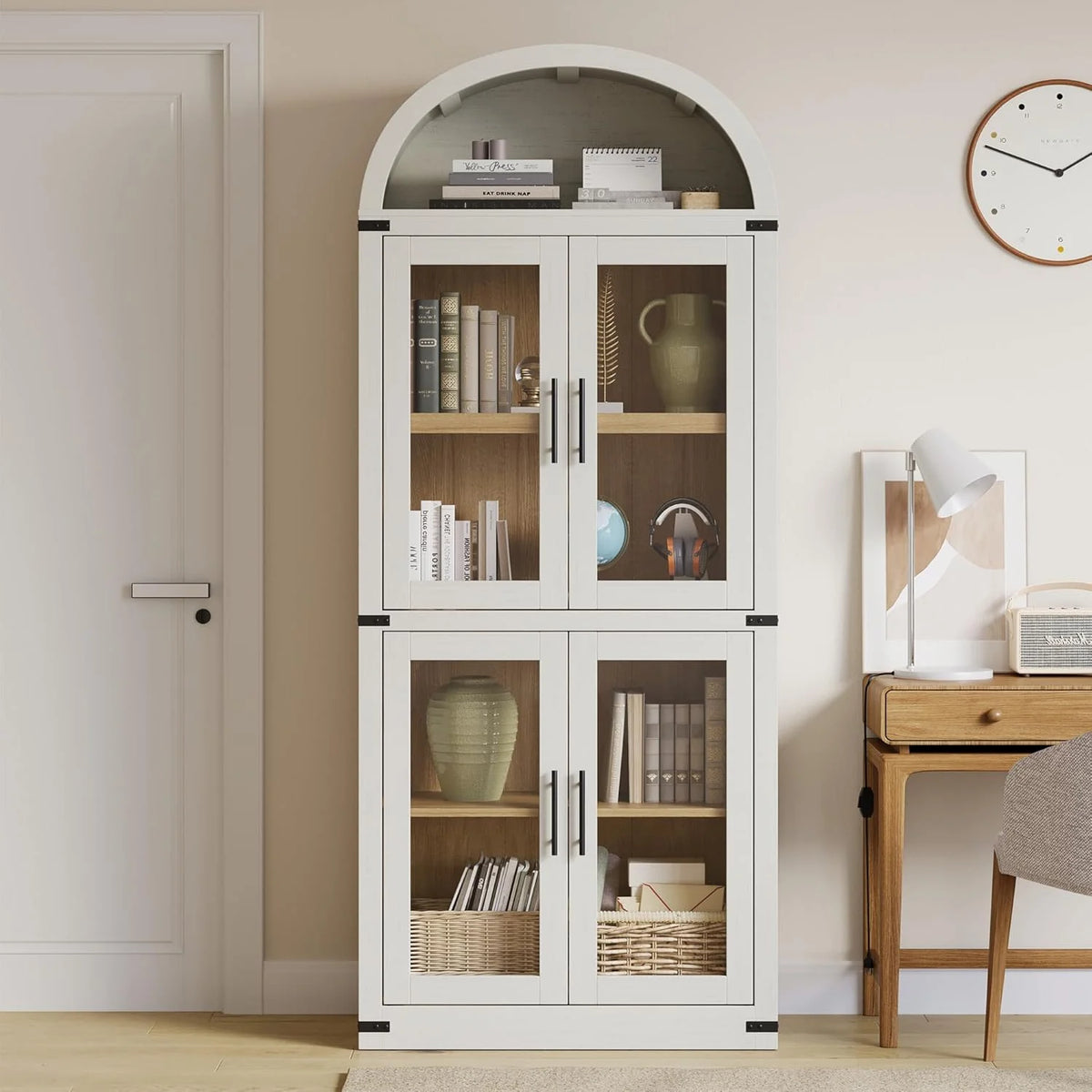 NEILA Arched Bookshelf with Doors - Glass Doors - 15.83 inches deep by 71.4 inches tall rustic ambiance premium wood display cabinet for living room, kitchen and office,Glass Door_Black