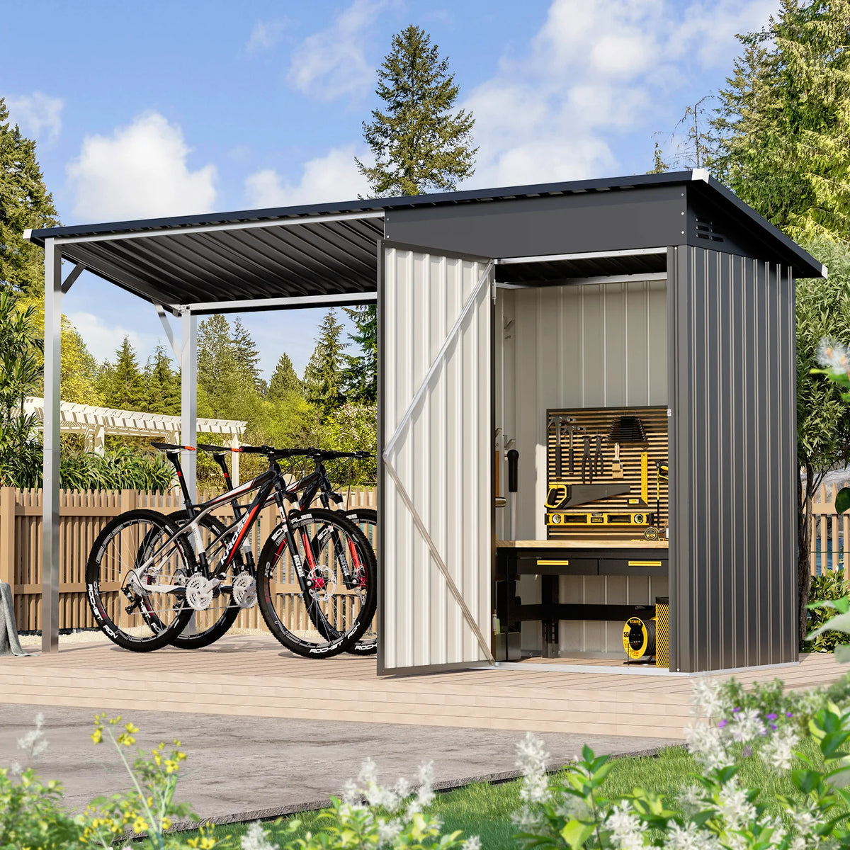 YODOLLA Outdoor Open-Sided Storage Shed, 3x5 Sheds & Outdoor Storage with 15 Sq. Ft Covered, 5x3 Small 2-in-1 Tool Shed with Attached Hardtop Metal Pergola Gazebo