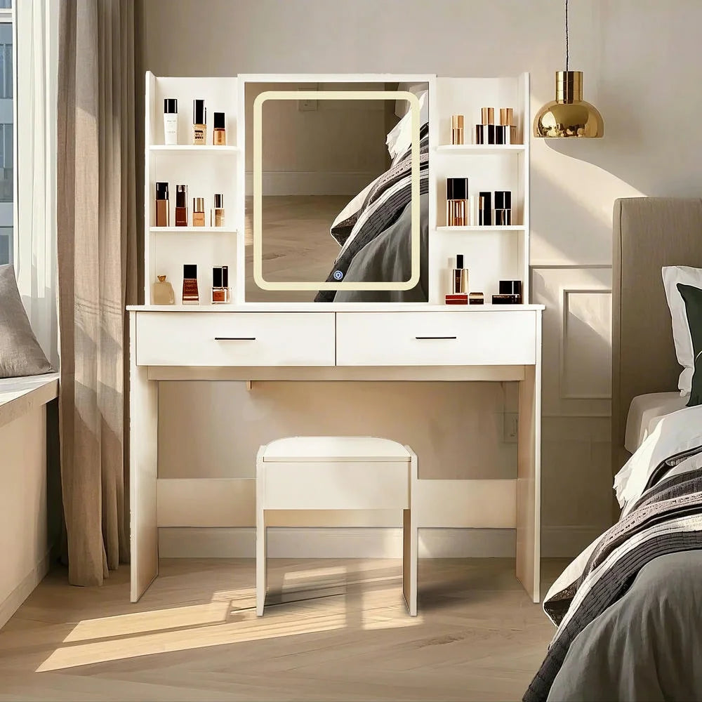 Kadyn Vanity Desk with Lighted Mirror, Vanity Table and Chair Set with 2 Drawers, Dressing Table Makeup Desk with 1 Door, Retro Gray