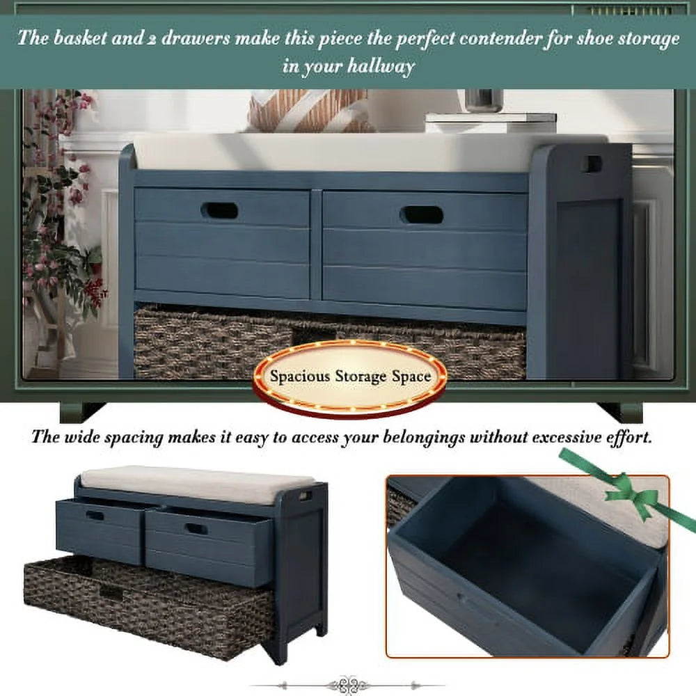 Solid Wood Storage Bench, Narrow Entryway Bench with 2 Drawers and Removable Basket, Classic Accent Shoe Bench with Storage and Removable Cushion for Hallway Living Room, Fully Assembled, Navy