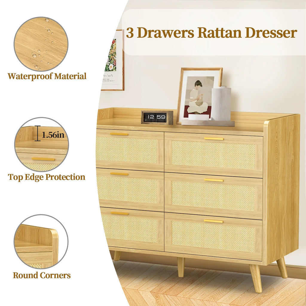 Capri 3 Drawer Dresser, Rattan Storage Wide Chest of Drawers, Night Stand Storage Cabinet for Women, Kids, Baby, Nursery, Girls, Bedroom Living Room Furniture, Natural
