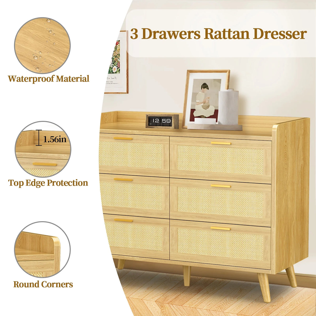 Capri 3 Drawer Dresser, Rattan Storage Wide Chest of Drawers, Night Stand Storage Cabinet for Women, Kids, Baby, Nursery, Girls, Bedroom Living Room Furniture, Natural