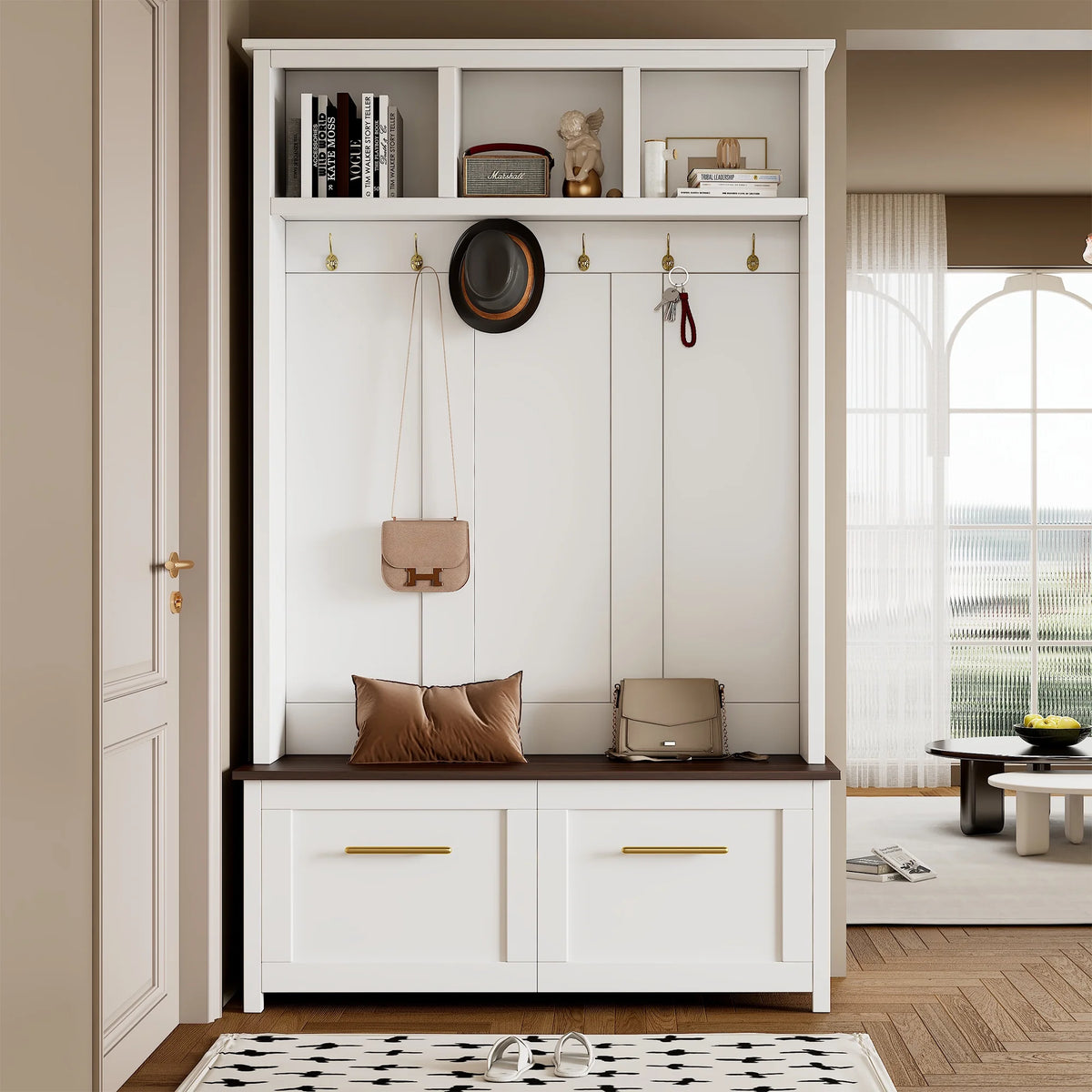 Harper & Bright Designs Farmhouse Hall Tree with Bench and Shoe Storage, Mudroom Bench with Coat Rack and Adjustable Shelves for Hallway, Living Room, White