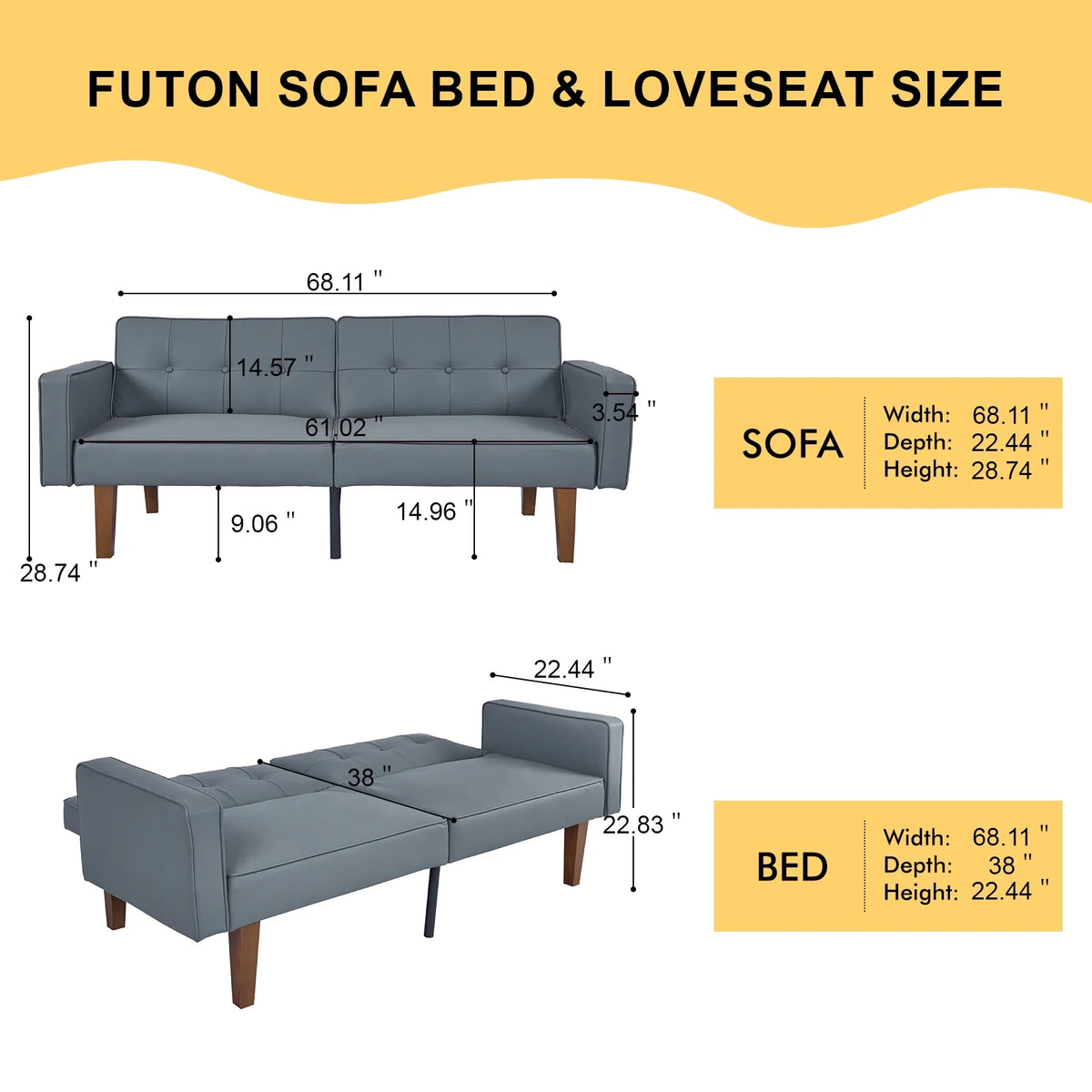 Sofa Bed, Convertible Memory Foam Futon Couch, Adjustable Sleeper Sofa Bed for Living Room, Gray