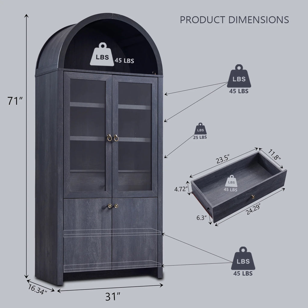 IFGET 71-Inch Arched 4-Tier Bookcase with Glass Doors and Drawers