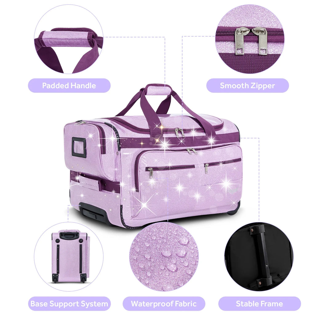 Fegat Dance Bag with Garment Rack,23"Glitter Bright Rolling Dance Duffel Bag Lightweight Competition Bag Costume Suitcase for Dancers Performer Artist, Shine Glitter Purple