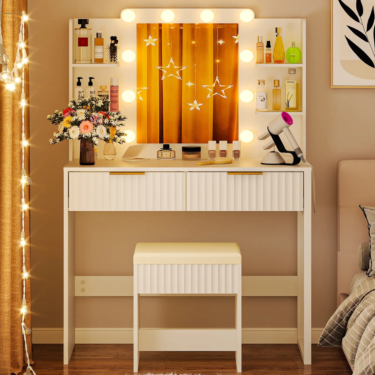 Ktaxon Lighted Makeup Vanity, White Vanity Table Set with 2 Drawer and Charging Station, Femal Gift