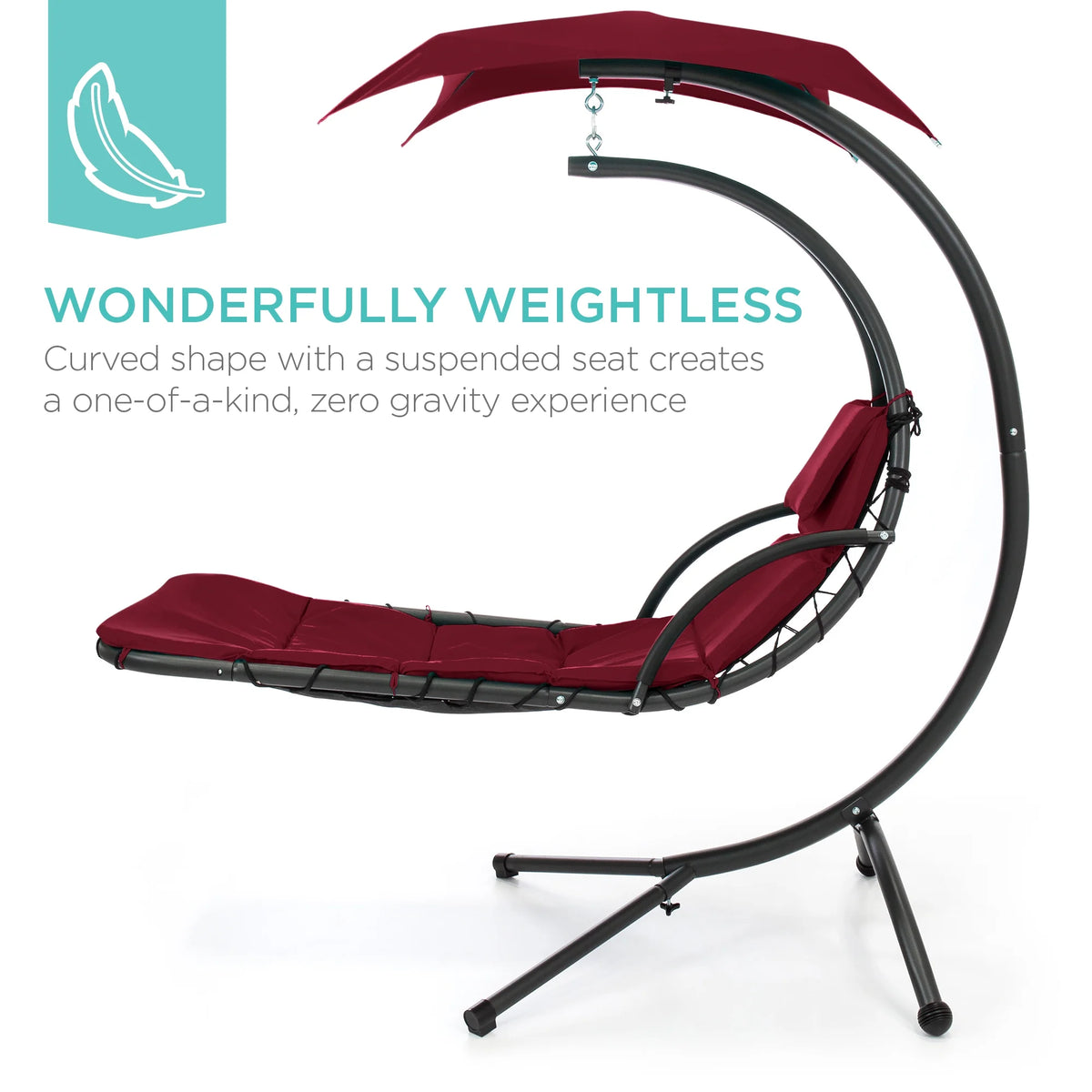 Best Choice Products Hanging Curved Chaise Lounge Chair Swing for Backyard, Patio w/ Pillow, Shade, Stand - Teal