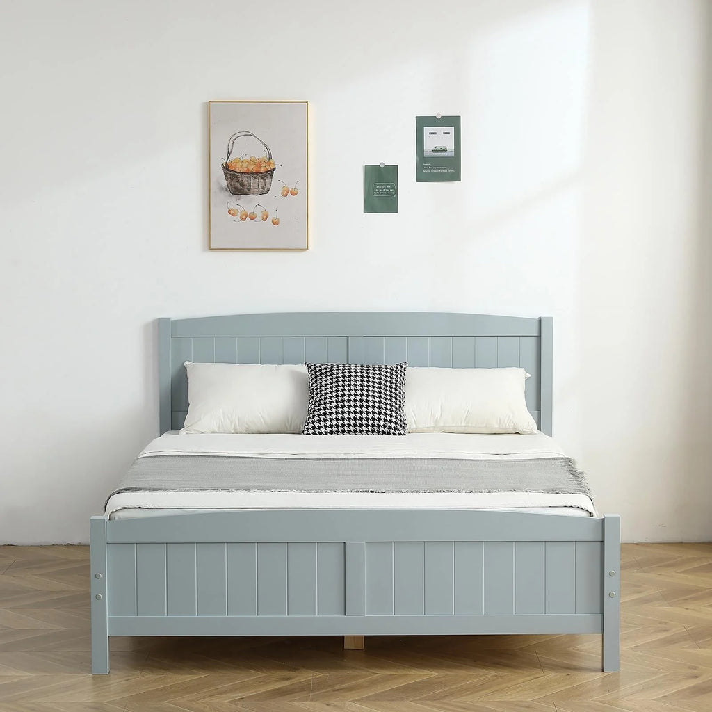 Zimtown Queen Bed Frame,Solid Pine Wood Kids Twin Platform Bed Frame, Bedroom Queen Bed with Headboard for Adults, Gray