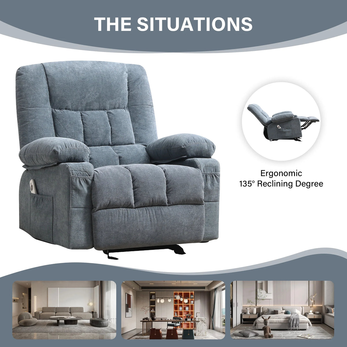 JONPONY Manual Recliner Chair with Heat Therapy and Massage Function, Heavy Duty Reclining Mechanism Massage Chair, Elderly Single Rocker Sofa with Cup Holders for Bedroom Home Theater,Blue