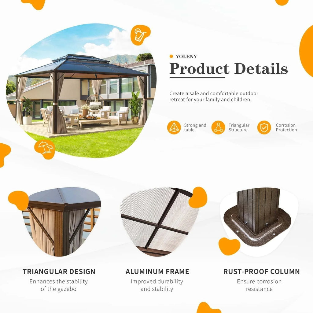 Yoleny 12'x16' Outdoor Polycarbonate Double Roof Hardtop 12 ft Gazebo Canopy, Brown