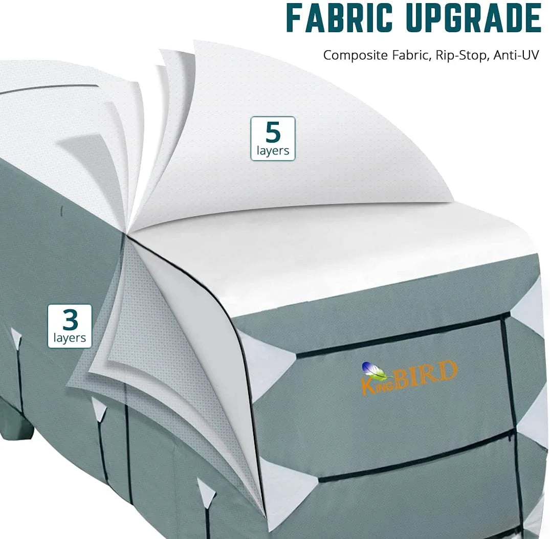 KING BIRD Upgraded Travel Trailer RV Cover, Extra-Thick 5 Layers Anti-UV Top Panel, Deluxe Camper Cover, Fits 27'- 30' RV Cover -Breathable, Water-Repellent, Rip-stop with 2Pcs Straps & 4 Tire Covers
