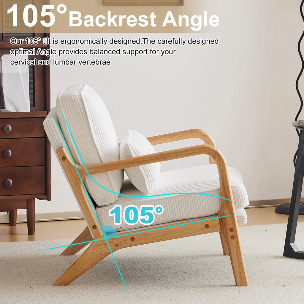 Ktaxon Accent Chair Corduroy Upholstered Armchair, Reading Club Chair with Pillow and Solid Wood Frame for Living Room Bedroom Furniture Off White