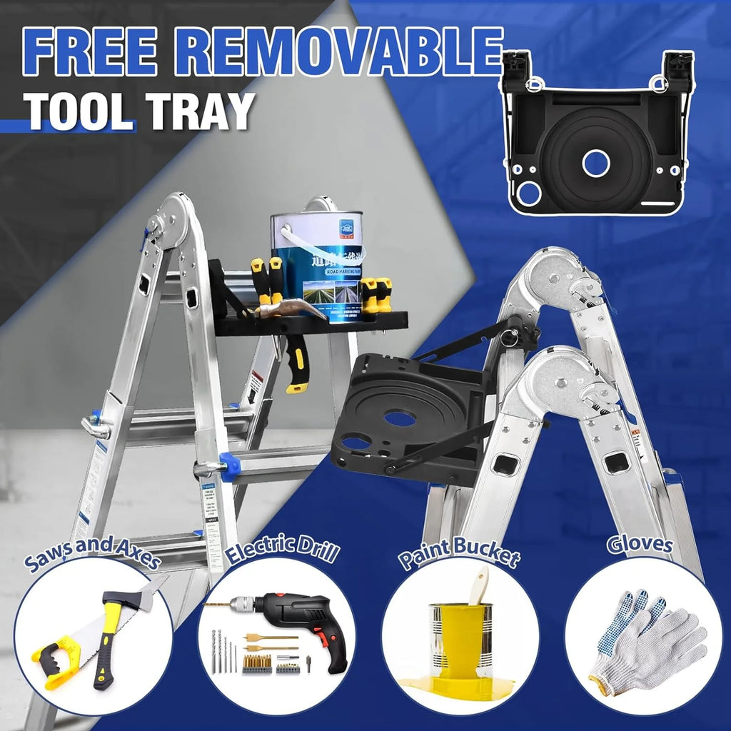 HBTower Ladder, A Frame 4 Step Extension Ladder, 14 Ft Multi Position Ladder with Removable Tool Tray and Stabilizer Bar, 330 lbs Capacity Telescoping Ladder for Household and Outdoor Work