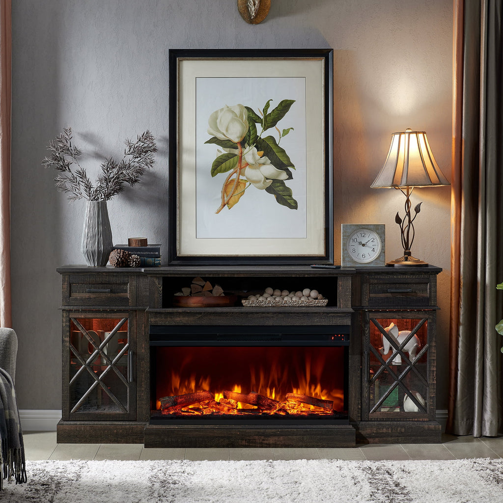 OKD Farmhouse 3-Sided Fireplace TV Stand for 80" TVs, 70" Entertainment Center with Electric Fireplace and Storage Drawers, Antique White